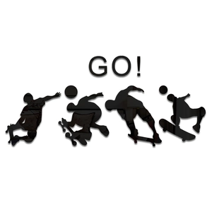 Macro view of 3D acrylic skateboarder silhouettes and GO text wall stickers