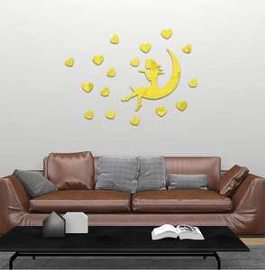Golden acrylic mirror wall sticker featuring a fairy on the moon and heart shapes