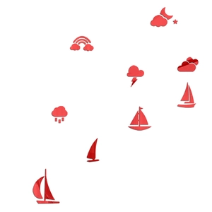 Red acrylic mirror wall stickers set with sailing boat and rainbow elements for home decor