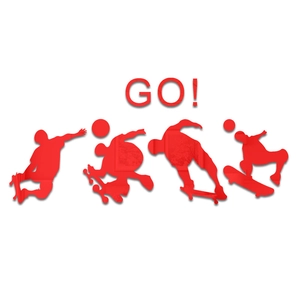 Detailed view of red acrylic skateboarder wall decals with GO lettering and silhouettes