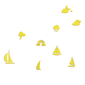 Detailed set of yellow acrylic mirror wall stickers with sailing boat and clouds