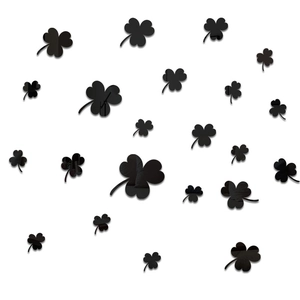 Detail view of black acrylic clover wall stickers in various sizes with mirror finish