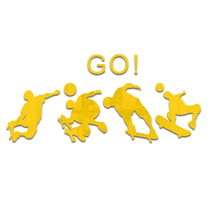 Detail of yellow acrylic skateboarder silhouettes and GO lettering wall stickers