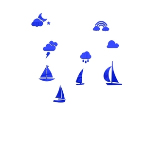 Detailed set of blue acrylic mirror wall stickers with sailing boat clouds and stars