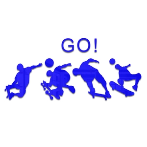 Blue acrylic mirror wall sticker featuring skateboarder silhouettes and GO text for room decor