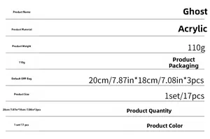 Detailed size chart for ghost acrylic mirror wall stickers with specific dimensions