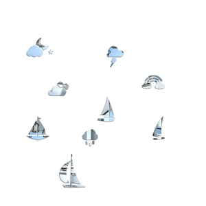 Silver mirror acrylic wall stickers featuring sailing boat and moon stars set