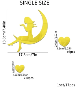 Detailed size specifications for 17pcs yellow acrylic moon girl heart mirror wall stickers