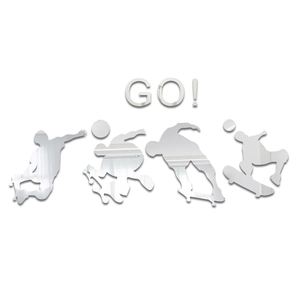Detail of silver acrylic mirror wall stickers featuring skateboarder silhouettes and GO! text