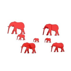 Detail view of seven-piece red acrylic elephant mirror wall stickers in varying sizes