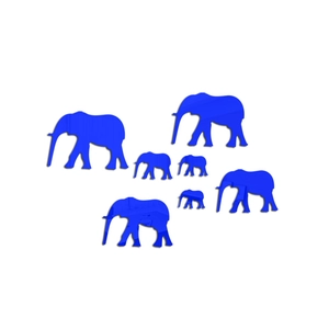 Detailed set of 7 royal blue acrylic mirror elephant wall stickers for nursery decor