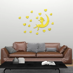 3D acrylic mirror wall sticker set with girl on moon and hearts for home decor