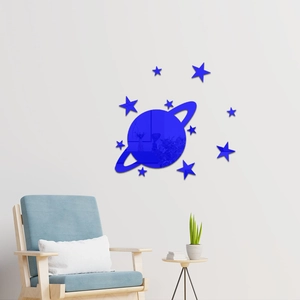 Blue acrylic mirror wall stickers with planet and stars design for kids room decor