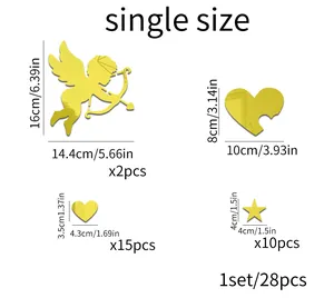 Guide des tailles pour stickers muraux miroir Cupidon et cœur avec détails des 28 pièces