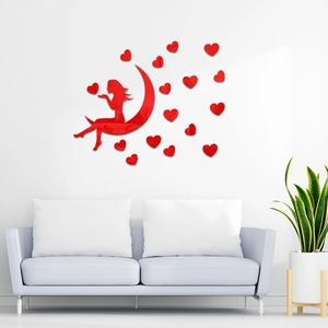 Red acrylic mirror wall stickers featuring heart patterns and moon girl silhouettes