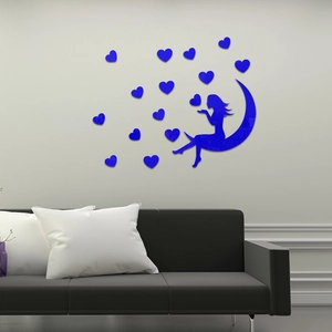 Blue 3D acrylic mirror wall stickers with girl on moon and hearts on grey wall