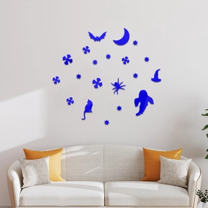 Detail of dark blue mirrored acrylic Halloween wall stickers featuring bats and ghosts