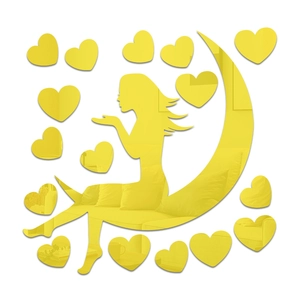 Detail of yellow acrylic mirror wall stickers featuring a girl on moon and 14 hearts