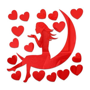 Detail view of red acrylic mirror wall stickers featuring girl on moon and hearts