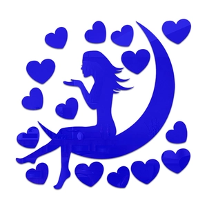 Blue acrylic mirror wall sticker set featuring girl on moon and heart-shaped DIY decals
