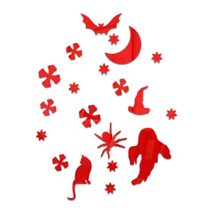 Macro detail of red acrylic Halloween wall stickers set with ghost and bat mirror effects