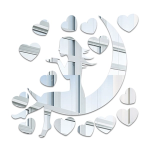 Macro detail of acrylic wall stickers showing moon girl silhouette and heart-shaped mirrors
