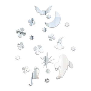 Detailed set of acrylic Halloween mirror wall stickers featuring bats, moon, and ghost shapes
