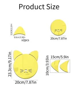 Detailed size chart for cat-shaped acrylic wall mirrors with dimensions in cm and inches