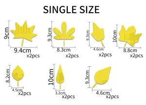 Size chart for acrylic mirror leaf wall stickers showing seven different shapes and dimensions