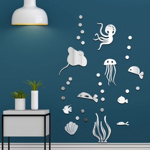 Adesivo Murale Specchio Acrilico 3D Mondo Sottomarino Oceano Polpo Medusa DIY Decorazione Autoadesiva per Cameretta Bambini