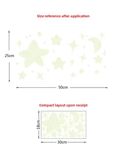 Luminous wall stickers display showing layout size 18x30cm and finished size 25x50cm