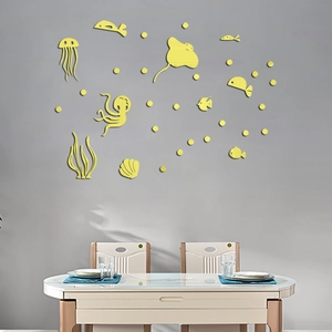 Adesivi murali specchio 3D in acrilico giallo con creature marine per bambini