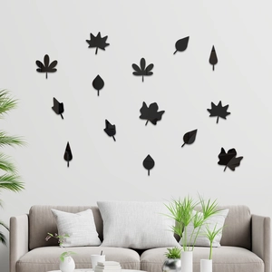 Modern black acrylic mirror wall stickers featuring 14 pieces of various leaf shapes