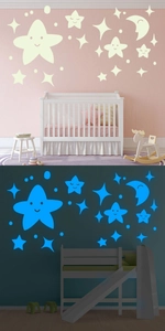 Comparison of smile moon and stars wall stickers in day and night blue glow effect