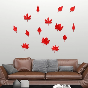 Modern red acrylic mirror leaf wall stickers set for living room sofa background