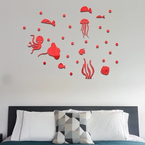 Adesivi murali 3D a specchio mondo marino rosso con meduse e polpo per cameretta bambini