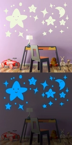Detailed day and night contrast showing luminous star and moon stickers on a bedroom wall