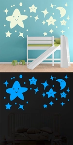 Detailed blue luminous wall stickers featuring moon and smiling star shapes for kids' rooms