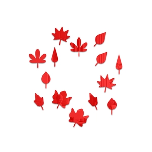 Detailed set of 14 red acrylic mirror leaf wall stickers with reflective surface