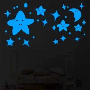 Glow in the dark wall stickers with smiling stars and moon for kids bedroom decoration