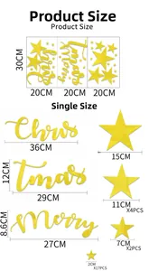 Detailed size chart for Christmas acrylic wall stickers featuring stars and text dimensions