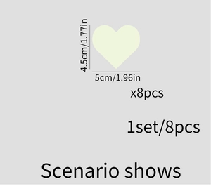 Detailed size specifications for heart-shaped luminous wall stickers in 8-piece set