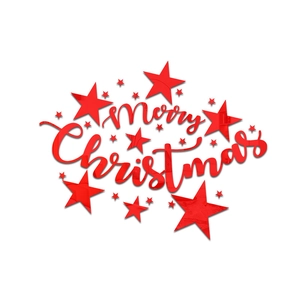 Close-up of red 3D acrylic Merry Christmas wall decal with scattered mirror stars