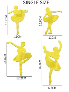 Detailed size chart showing dimensions for four acrylic ballet girl wall stickers