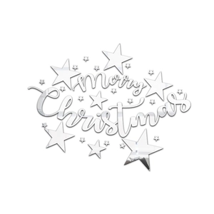 Close-up of silver mirror Merry Christmas wall sticker with 3D acrylic stars