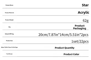 Liste de spécifications des autocollants muraux étoiles en acrylique avec dimensions