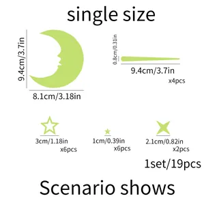 Detailed size chart for 19pcs luminous wall stickers with moon and star measurements