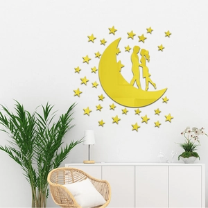 Detail view of reflective moon and couple silhouette acrylic mirror wall stickers