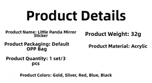 Detail of 3pcs panda acrylic mirror wall stickers showing color options and dimensions