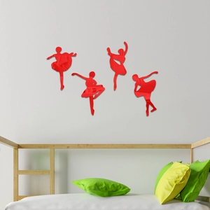 Detailed view of four red acrylic ballet dancer mirror wall stickers on a clean white bedroom wall